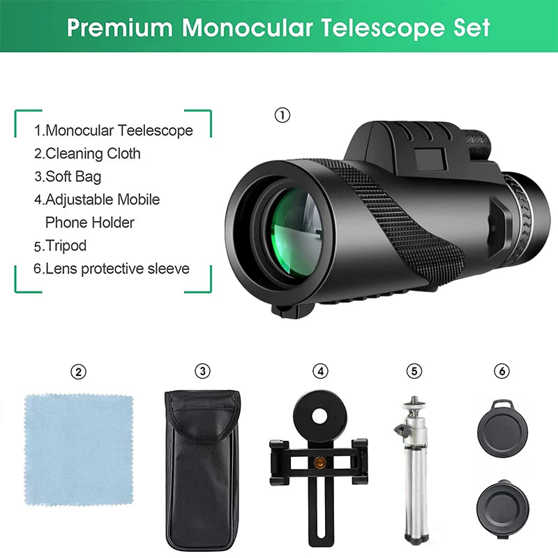 80x100 HD ZOOM PODEROSO TELESCÓPIO MONOCULAR PORTÁTIL DE LONGO ALCANCE PARA CAÇA E ACAMPAMENTO COM TRIPÉ E CLIPE DE CELULAR.