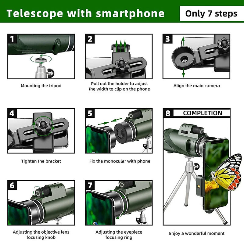 80x100 HD ZOOM PODEROSO TELESCÓPIO MONOCULAR PORTÁTIL DE LONGO ALCANCE PARA CAÇA E ACAMPAMENTO COM TRIPÉ E CLIPE DE CELULAR.