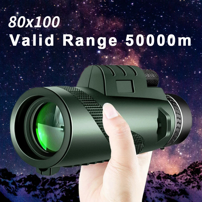 80x100 HD ZOOM PODEROSO TELESCÓPIO MONOCULAR PORTÁTIL DE LONGO ALCANCE PARA CAÇA E ACAMPAMENTO COM TRIPÉ E CLIPE DE CELULAR.