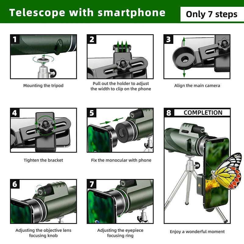 80x100 HD ZOOM PODEROSO TELESCÓPIO MONOCULAR PORTÁTIL DE LONGO ALCANCE PARA CAÇA E ACAMPAMENTO COM TRIPÉ E CLIPE DE CELULAR.