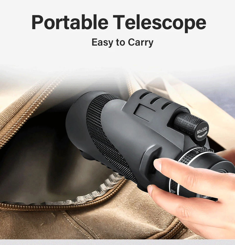 80x100 HD ZOOM PODEROSO TELESCÓPIO MONOCULAR PORTÁTIL DE LONGO ALCANCE PARA CAÇA E ACAMPAMENTO COM TRIPÉ E CLIPE DE CELULAR.