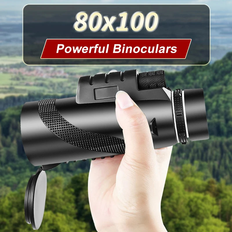 80x100 HD ZOOM PODEROSO TELESCÓPIO MONOCULAR PORTÁTIL DE LONGO ALCANCE PARA CAÇA E ACAMPAMENTO COM TRIPÉ E CLIPE DE CELULAR.